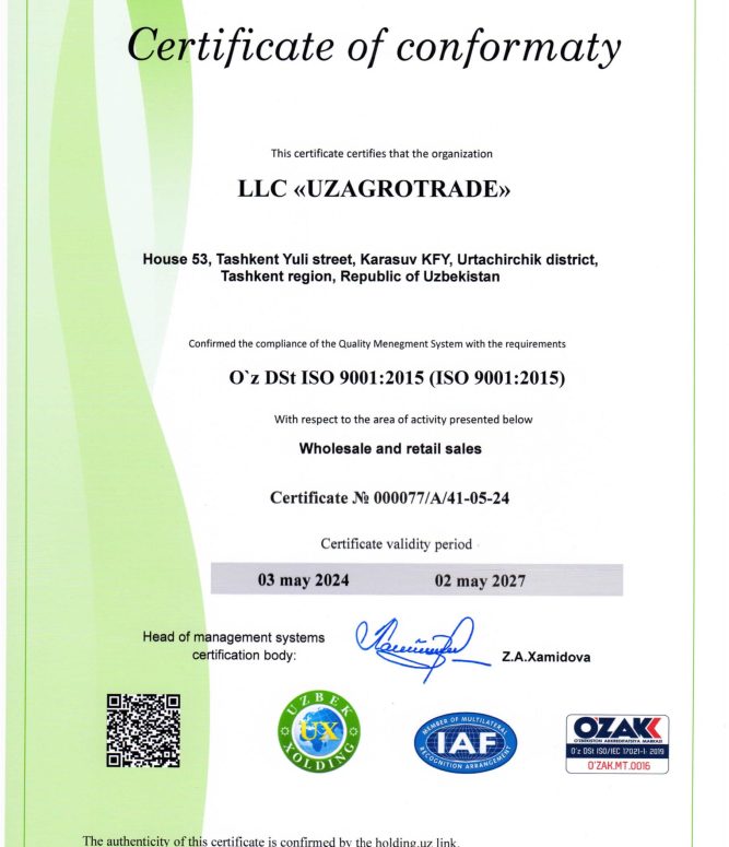 Uzagrotrade LLC ISO 9001-2015